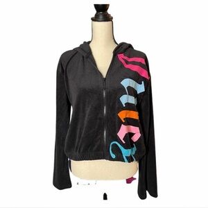 Juicy Couture Black Hoodie with Pink, Orange, and Blue Accents